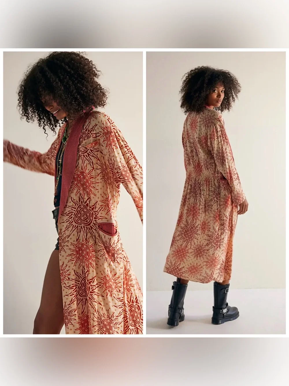 Free People Wild Nights Duster Celestial Sun Print Beige Red Orange Medium